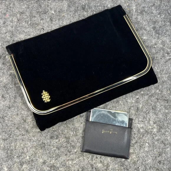 Bienen Davis VTG Black Velvet & Gold Tone Metal Trim Clutch W/ Mirror & Pouch - Picture 1 of 16